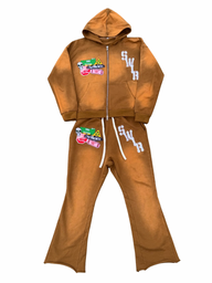 Brown Acid Wash Cropped Jogging Set