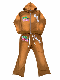 Brown Acid Wash Cropped Jogging Set